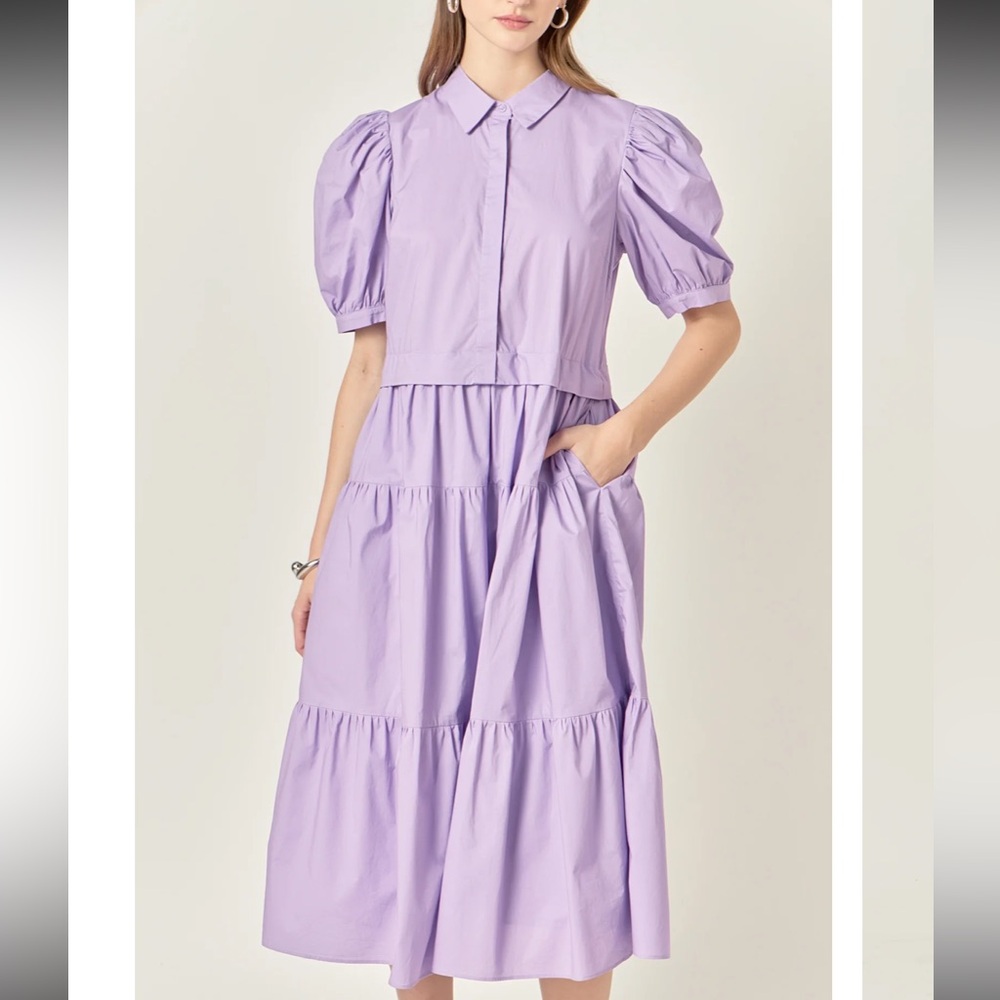 English Factory Button Closure Puff Sleeve Midi Dress